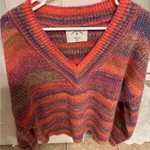 Electric & Rose Orange, Purple & Pink V-Neck Striped Knit Sweater
